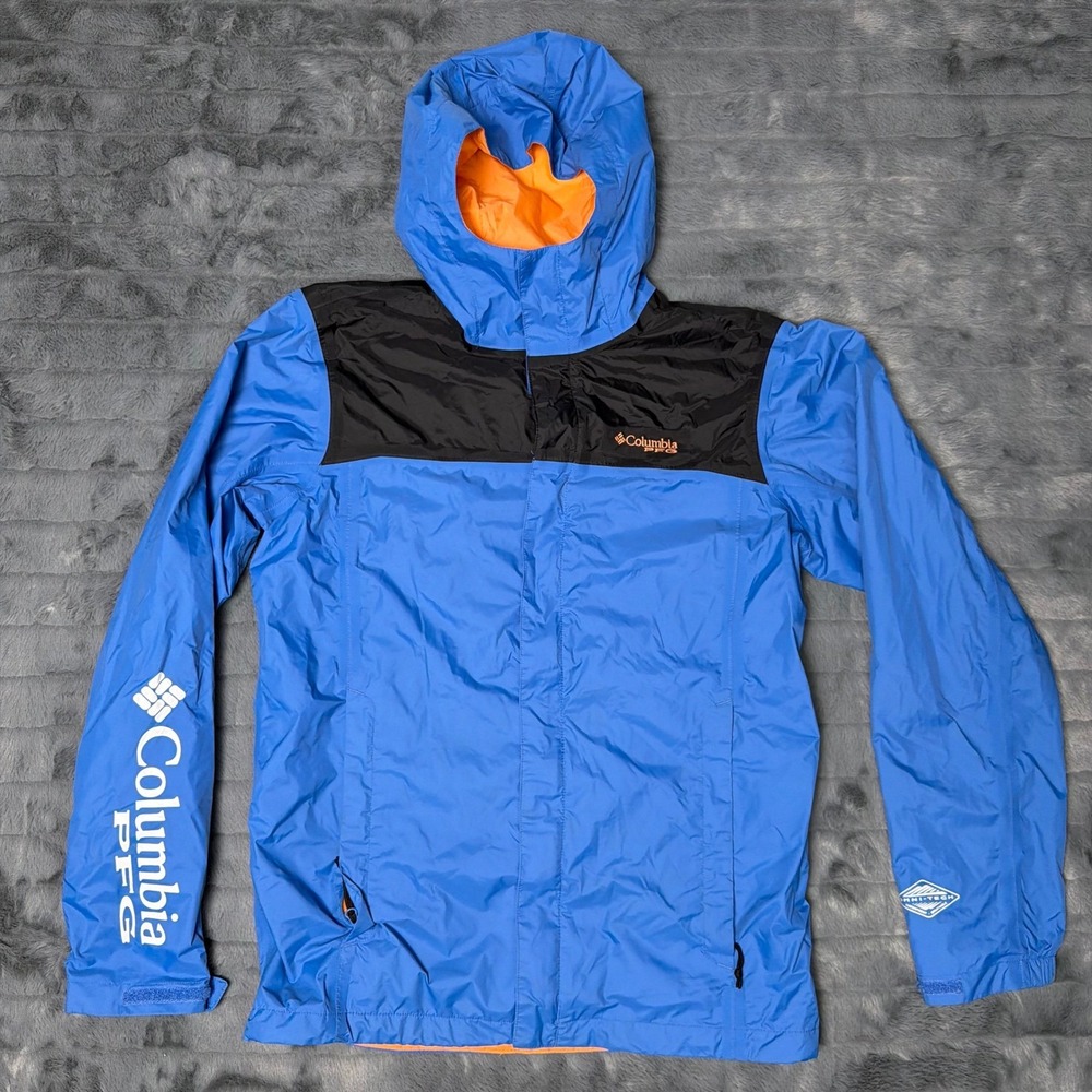 Columbia PFG Omni-Tech Rain Jacket Mens Small Blue Black Waterproof Hooded Shell